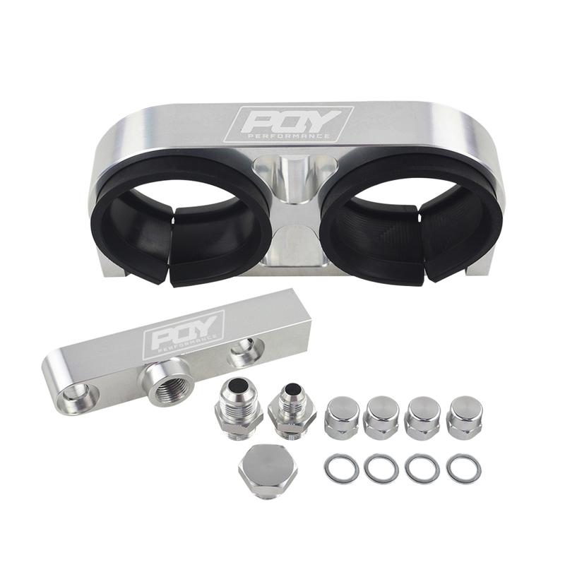 WLR - Twin Fuel Pump Bracket Billet Aluminium Assembly OUTLET Manifold In Black for 044 fuel pump With PQY Logo