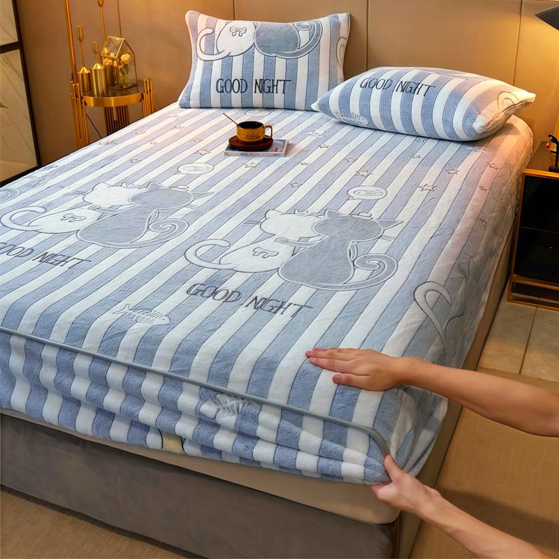 WOSTAR Luxury double bed fitted sheet elastic mattress protector cover couple winter warm fluffy coral fleece bedspread 150x200