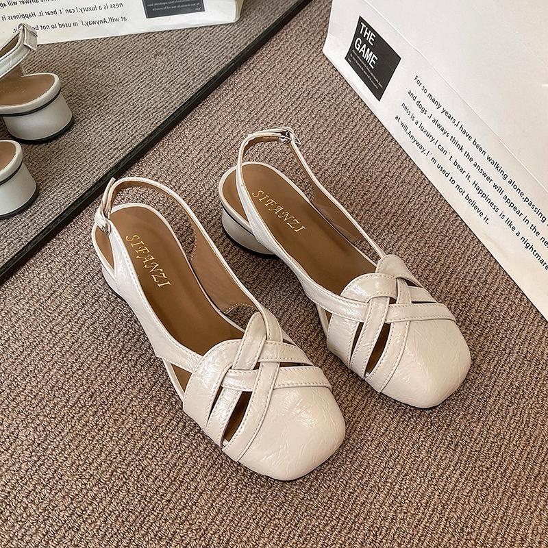 Fashion French Vintage Woven Cutout Square Toe T-Buckle Over-Wear Bag-Toe Roman Sandals