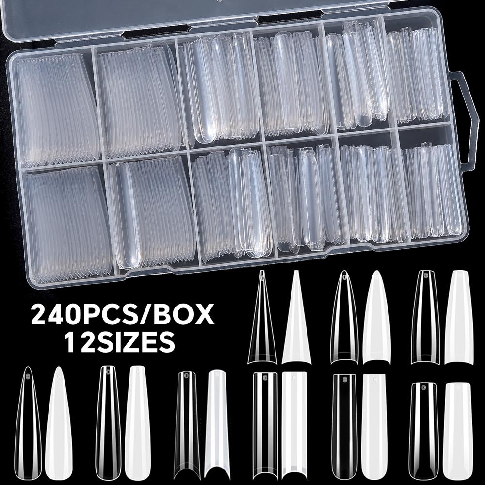 240PCS/Box False Nail Tips Square Straight Extra Long Half Cover Nails Clear/Natural Acrylic Fake Nails Extension Manicure Salon