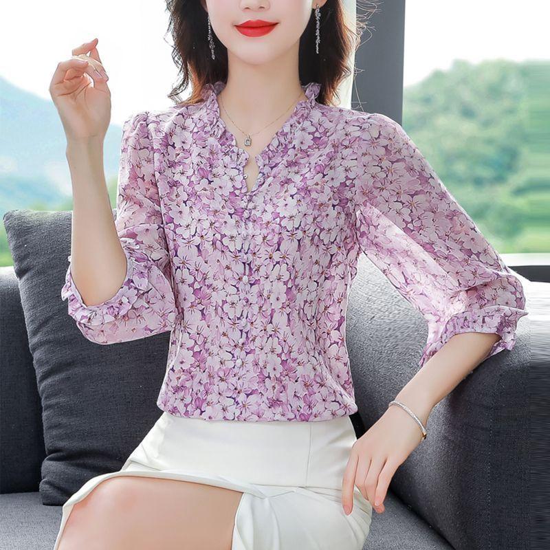 Dámská šifonová košile s květinovým potiskem, letní novinka s tříčtvrtečním rukávem, módní volný top s výstřihem do V, M-5XL