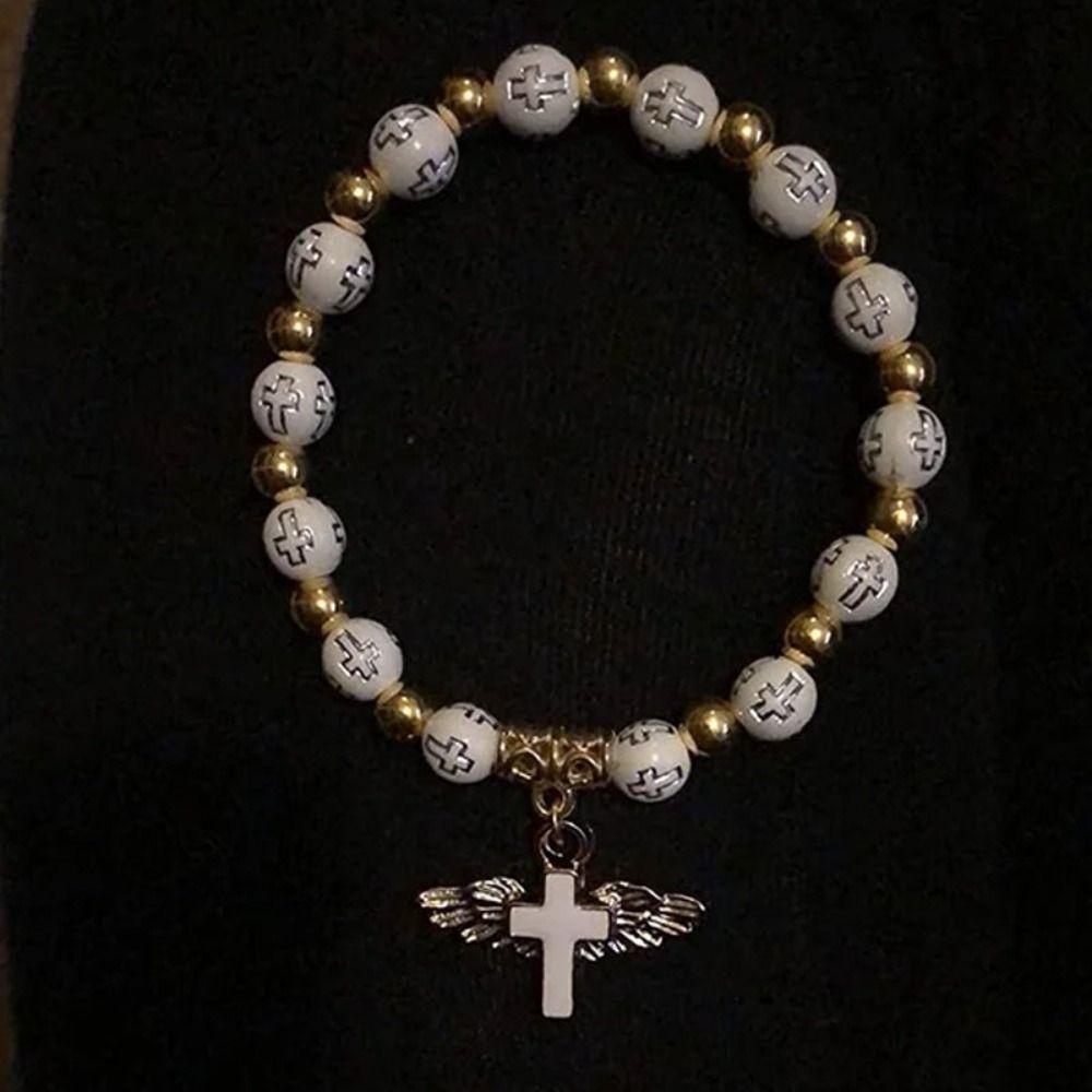 Fashion Angel Wing Cross Bracelet Acrylic Bead Chain Exquisite Religious Gift