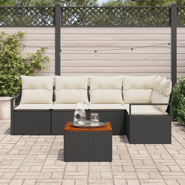 Ensemble de Canapés de Jardin 6 Pièces avec Coussins Noir en Rattan Poly, Canapé de Jardin 2 Places avec Rangement 3356374