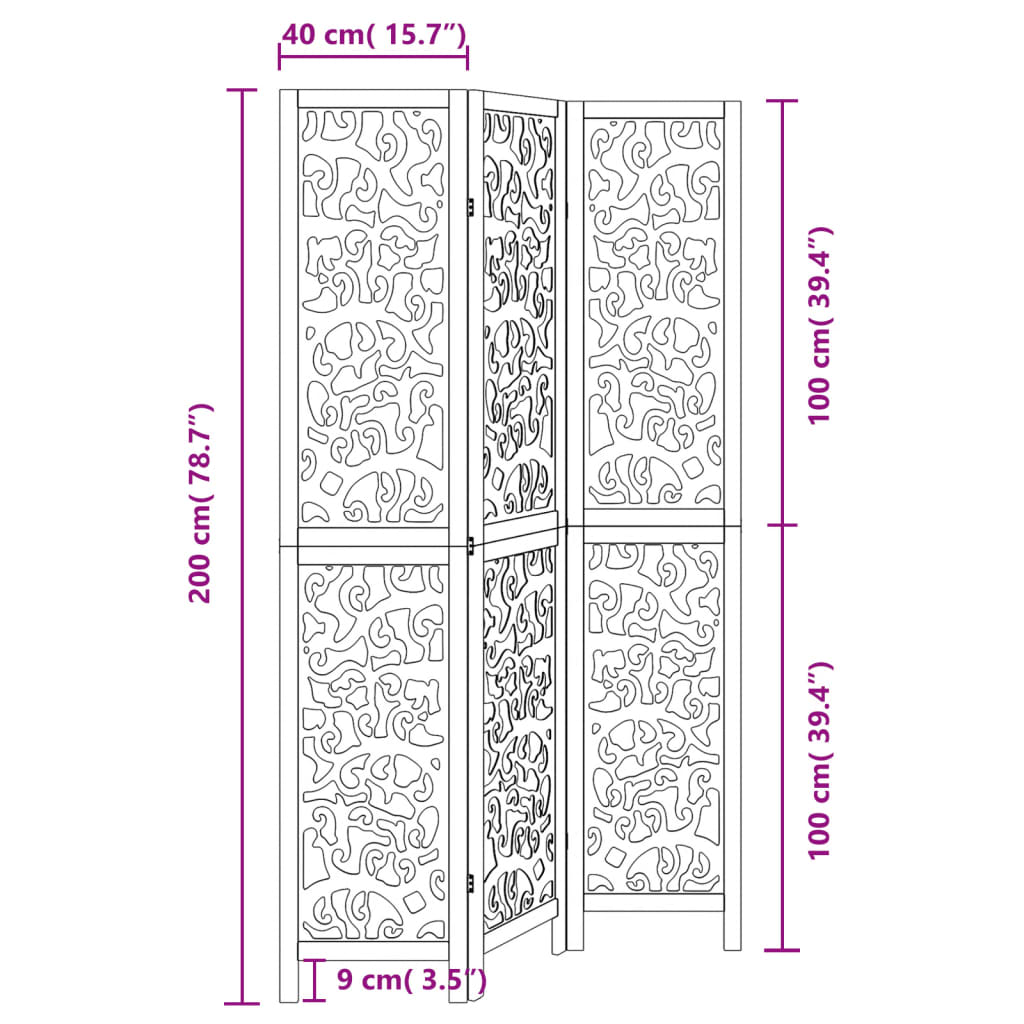 3 Panel Room Divider Black Solid Wood Paulownia