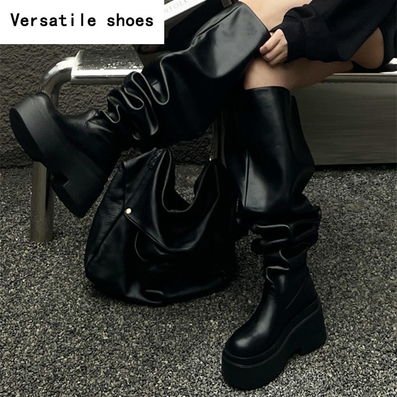 Winter Chunky Women Knee High Boots Fashion Slip On Pleated Long Booties Square Heels Party Dress Ladies Shoes