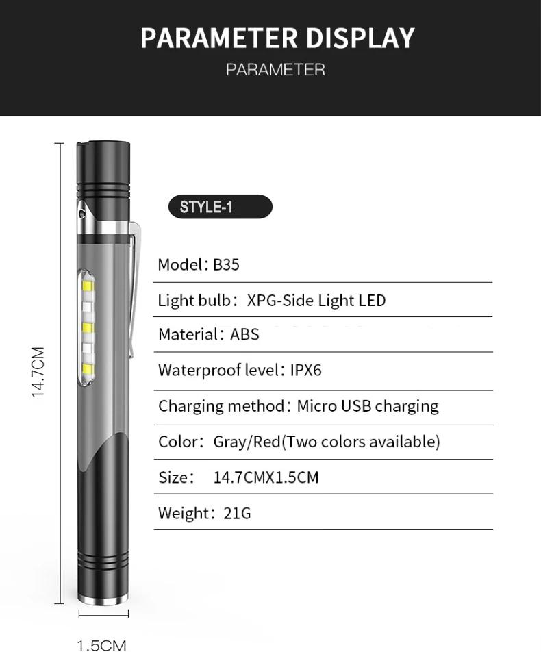 Portable Mini Medical Pen Light Type-C Rechargeable LED Flashlight with Clip COB Dual Light Home Lighting Doctor Checks Lantern