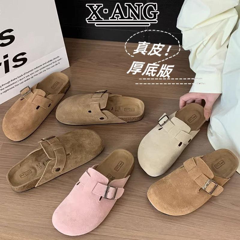 Full Cowhide Cork Bottom Bag Head and Half Slippers Women's Outer Wear Spring and Summer New One-pedal Lazy Shoes