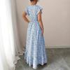 Summer Floral Printed Long Dress with Ruffled Short Sleeved V-neck Fashion Big Swing A-line Holiday Party Dress Elastic Waist Loose Casual Clothing