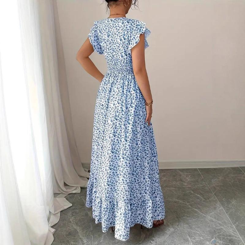 Summer Floral Printed Long Dress with Ruffled Short Sleeved V-neck Fashion Big Swing A-line Holiday Party Dress Elastic Waist Loose Casual Clothing