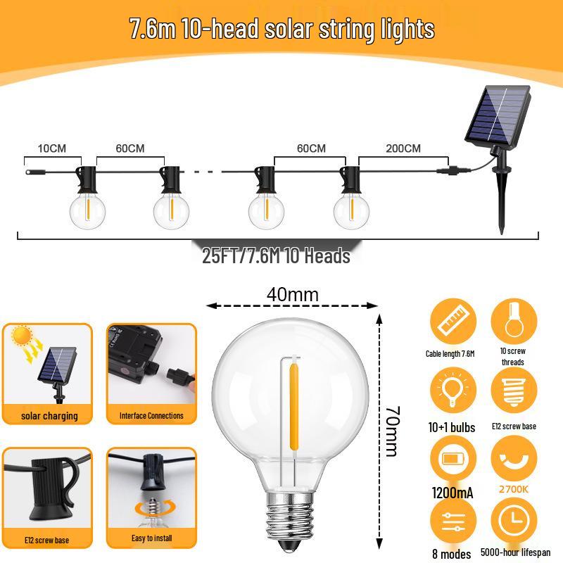 G40 Solar LED String Lights: Outdoor Copper Wire, Drop-Proof, Perfect for Atmosphere Decoration