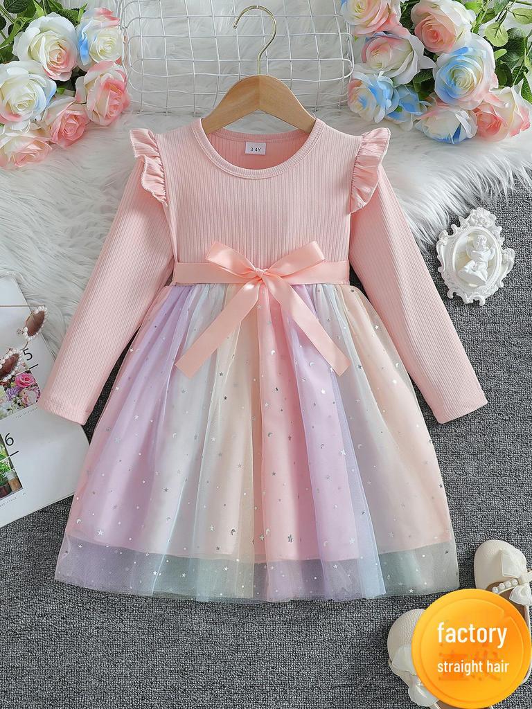 Herbst 2025 Langarm-Netzkleid mit Schleife für Baby-Mädchen
