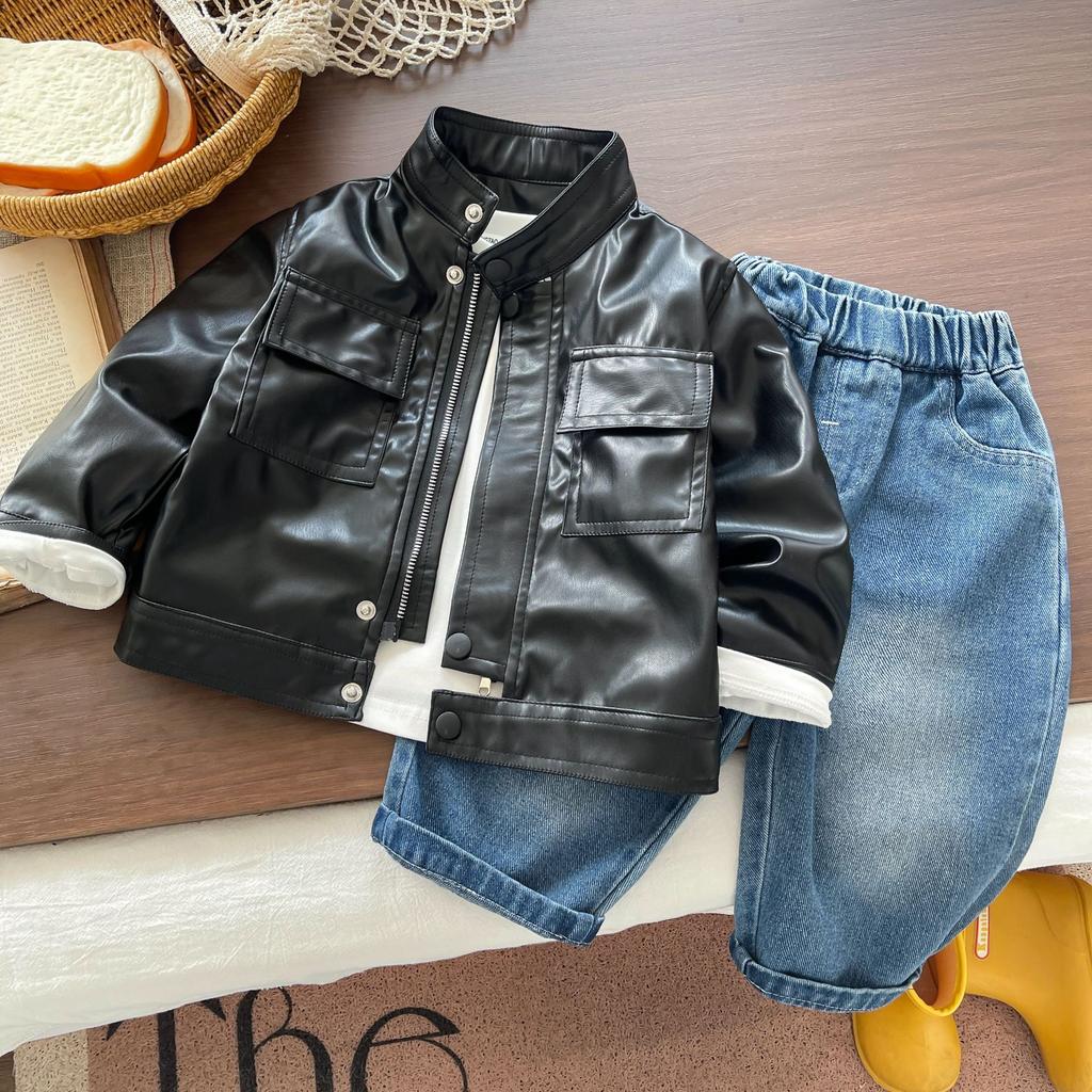 Boys Faux Leather Jacket Spring Autumn Thin Coat Kids Cool Outfit Set Baby Fashion Outerwear