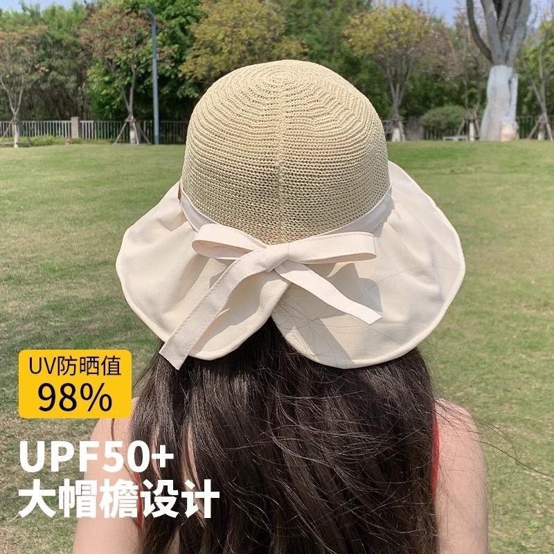 Large Brim Bucket Hat Women's Summer Versatile Vacation Sun Hat Sun Protection Thin Sun Hat Bow Fashion OL