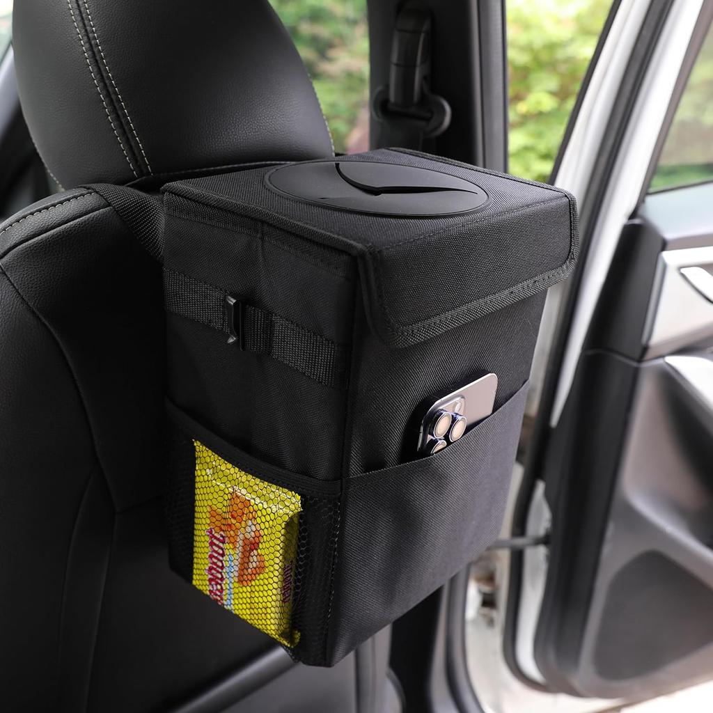 Car Garbage Can With Lid Leak Proof Vehicle Trash Can 3 Storage Pockets Hanging Waterproof Car Trash Bag For SUV Black