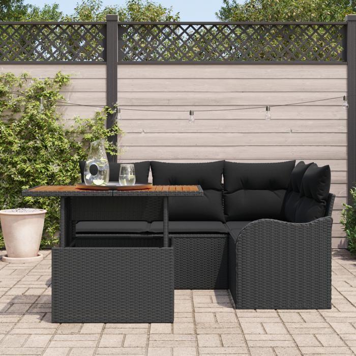 Ensemble de canapé de jardin de 5 pièces avec coussins en rotin poly noir Acacia, Canapé de jardin 2 places avec coussins 3349456