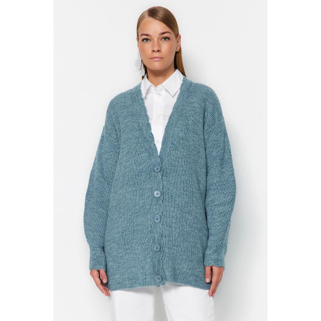 Cardigan albastru de tricotaj cu decolteu în V Tctaw24th00007