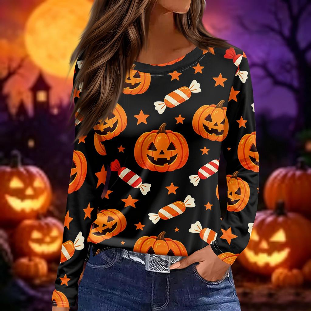 Women Long Sleeve Crew Neck Top Halloween Print Split Hem Casual Loose Fit Pullover Shirt for Fall Seasonal Wear
