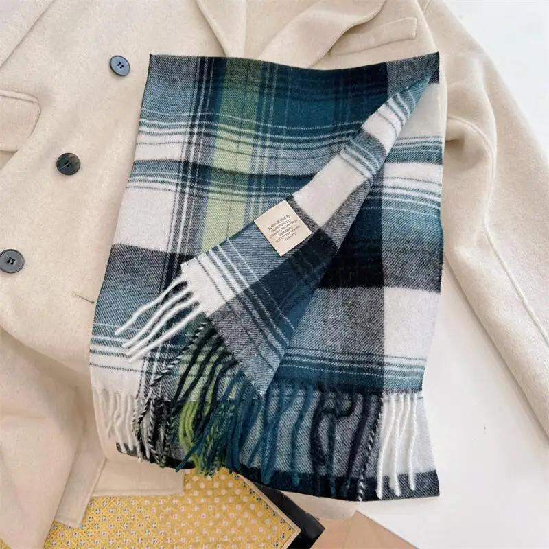 High Quality 100% Wool Scarf Men Female Fashion Classic Soft Cashmere Muffler Women Warm Thermal Shawl Outside Autumn Winter Men