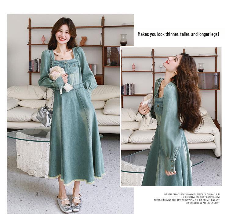 Hepburn-Style Denim Shirt Dress for Women - Spring/Autumn 2024 Retro Waist Design