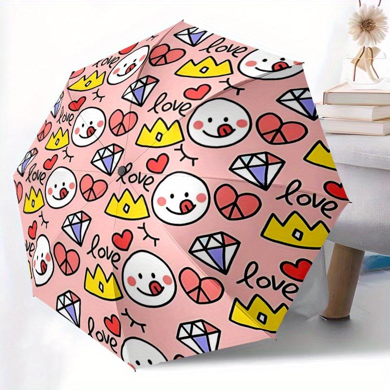 1pc love, crown Automatic Folding Umbrella - 8-Rib Iron Frame, Windproof, Portable Sunshade with Plastic Handle for Travel & Outdoor Activit