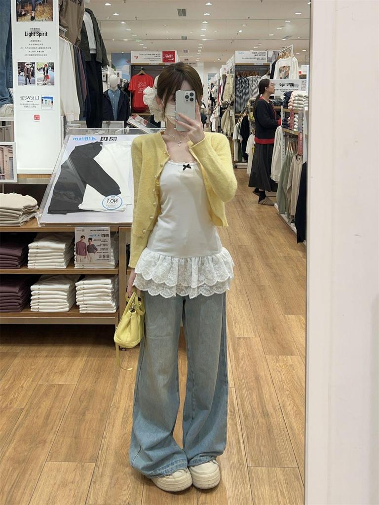 Ballet-Style White Lace Bow Camisole for Women - Spring/Summer 2025 Sleeveless Top