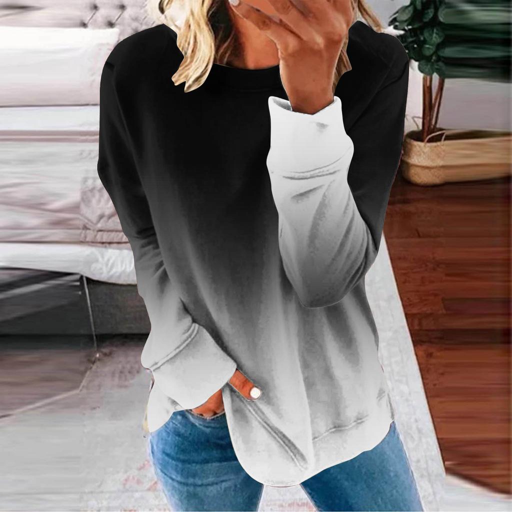 Round Neck 3D Gradient Color Printed Top Fashionable Casual Long Sleeved Women's T-shirts