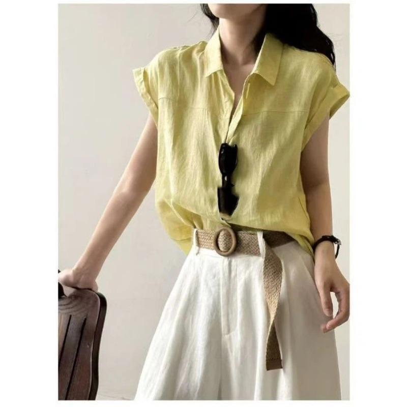 Women Solid Color Linen Blend Shirt Cap Sleeve Point Collar Loose Fit Casual Button Up Blouse