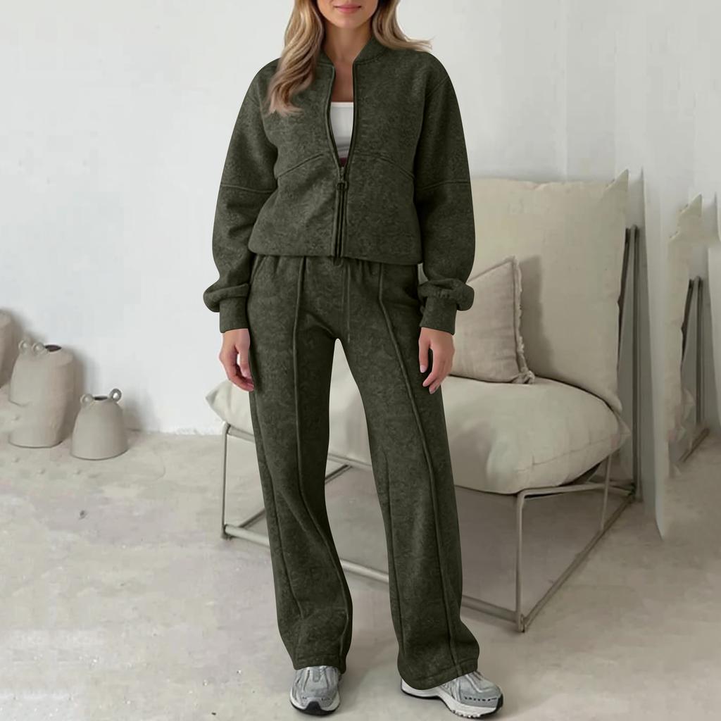 Women's Fashion Two-piece Solid Color Long-sleeved And Zipped Sweatshirt Trousers Casual Set