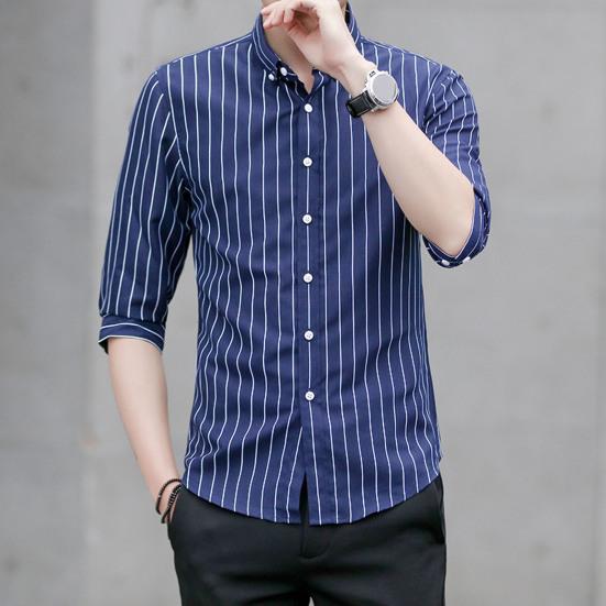 Yaka 3/4 Kol Tek Düğmeli Erkek Gömleği Slim Fit Çizgili Baskılı Günlük Gömlek Üst