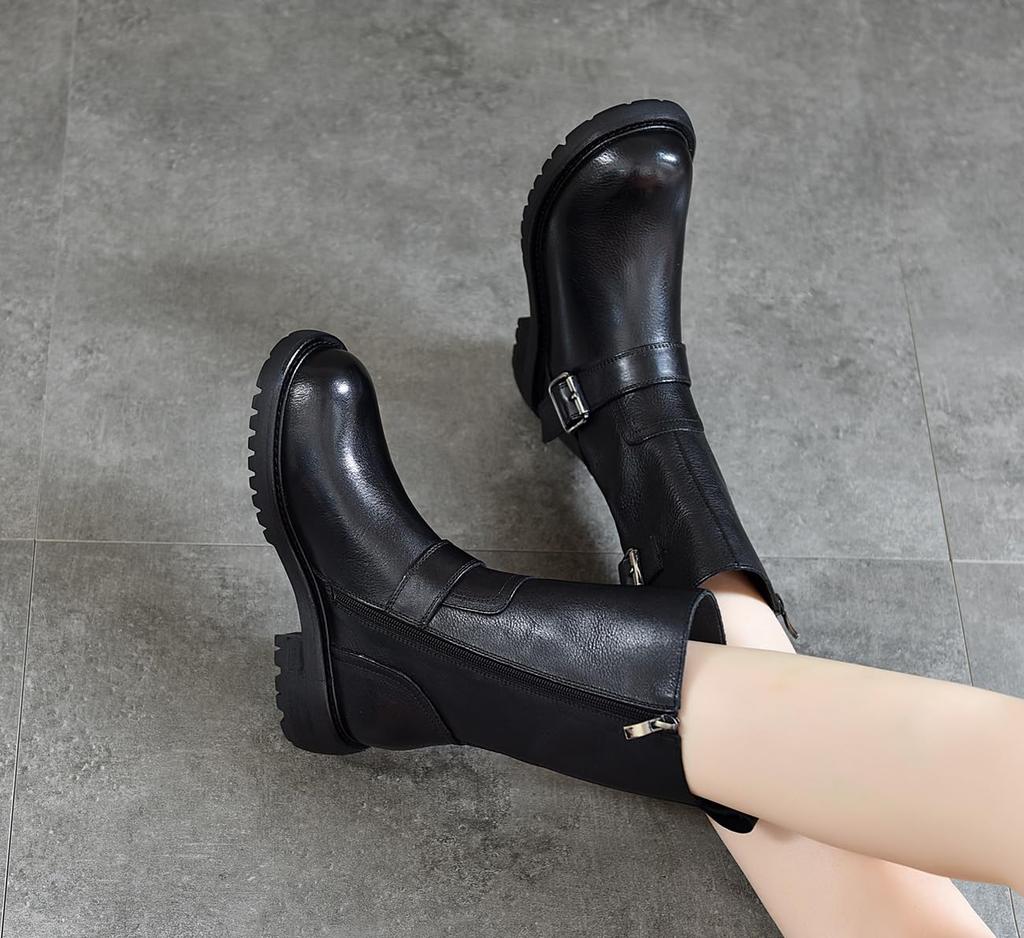 Short Round Genuine Side Low Western Easy to Walk [ZUYEE] Women's Boots, Toe, Leather, Zip, Belt, Heel, Engineer, Mid-Length Boots, Boots, in, Black,