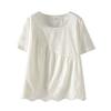 Plus Size Women Clothing [Elegant Artistic Shirt] Summer Retro Casual Jacquard Embroidered Hollow Round Neck Short Sleeve Shirts