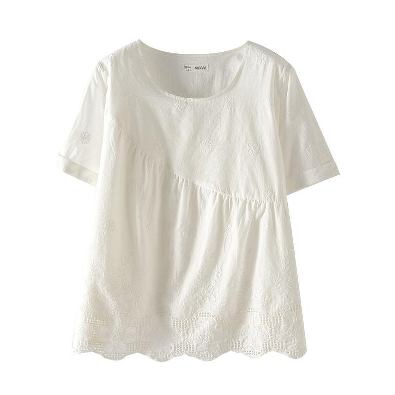 Plus Size Women Clothing [Elegant Artistic Shirt] Summer Retro Casual Jacquard Embroidered Hollow Round Neck Short Sleeve Shirts