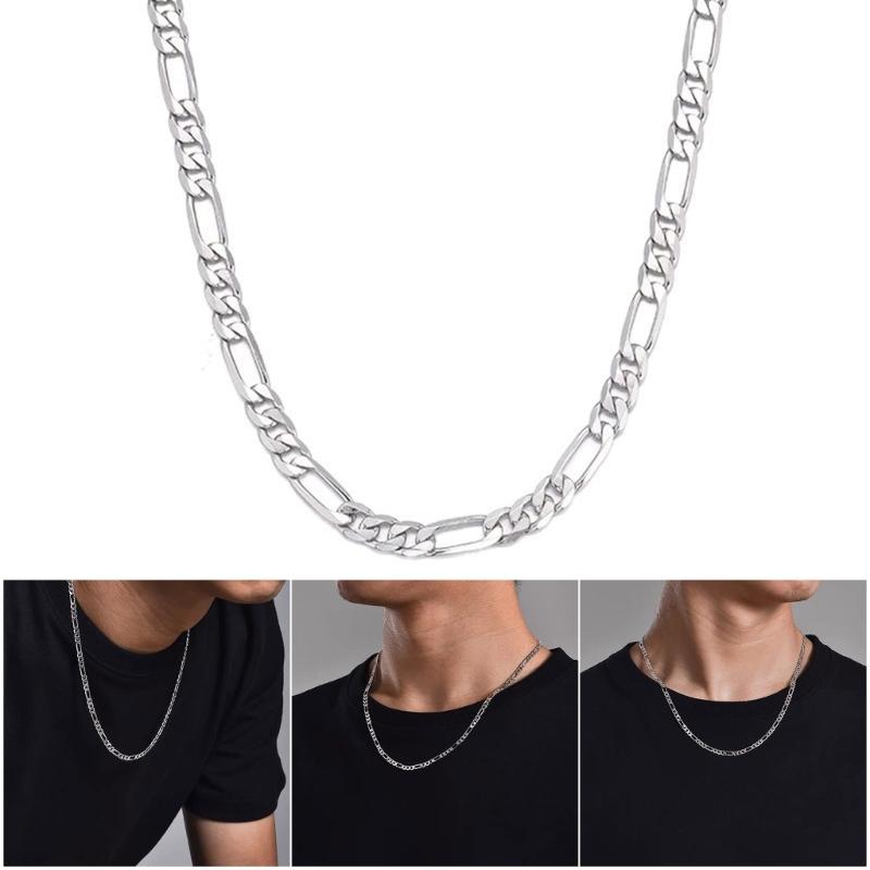 Men's Silver Figaro Chain Necklace Polished Smooth Brims For Comfort Adjustable Lengths 16 18 20 22 24 Inch
