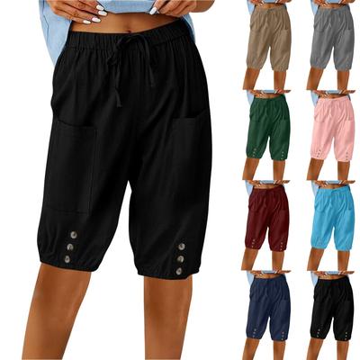 Capris Pants For Womens Linen Half Pants High Waisted Casual Shorts Drawstring Knee Length With Pockets