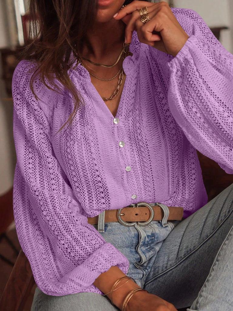 Spring New Loose Fashion Versatile Hollow Lace V-Neck One-Button Pleated Long Sleeve Shirt