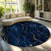 Plush Blue Gold Round Mat, Comfortable Low Pile Carpet, Abstract Artistic Design for Living Room, Washable Non-Slip Decor