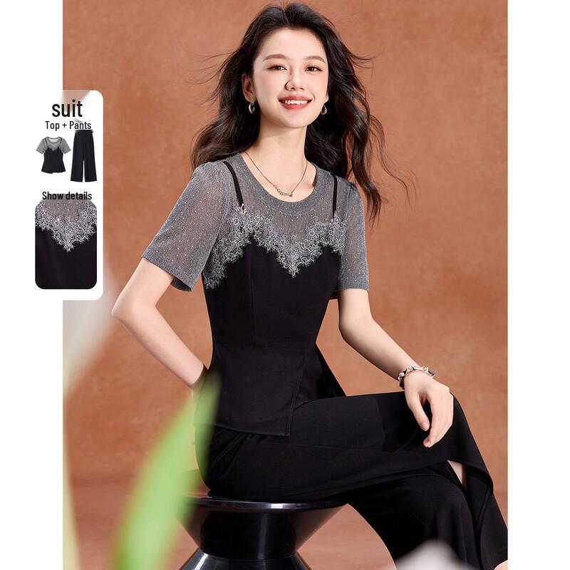 

Women s Elegant Color Block Short Sleeve Pant Set 4XL