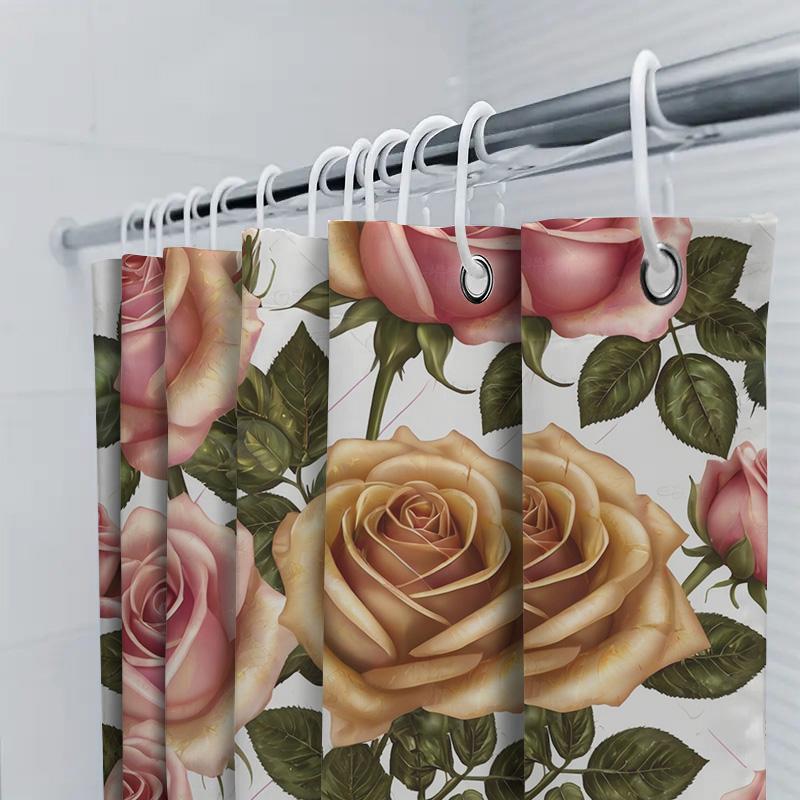 Pink Rose Shower Curtain 3D Printed Waterproof Bathroom Decor Artificial Flowers Plants Home Improvement