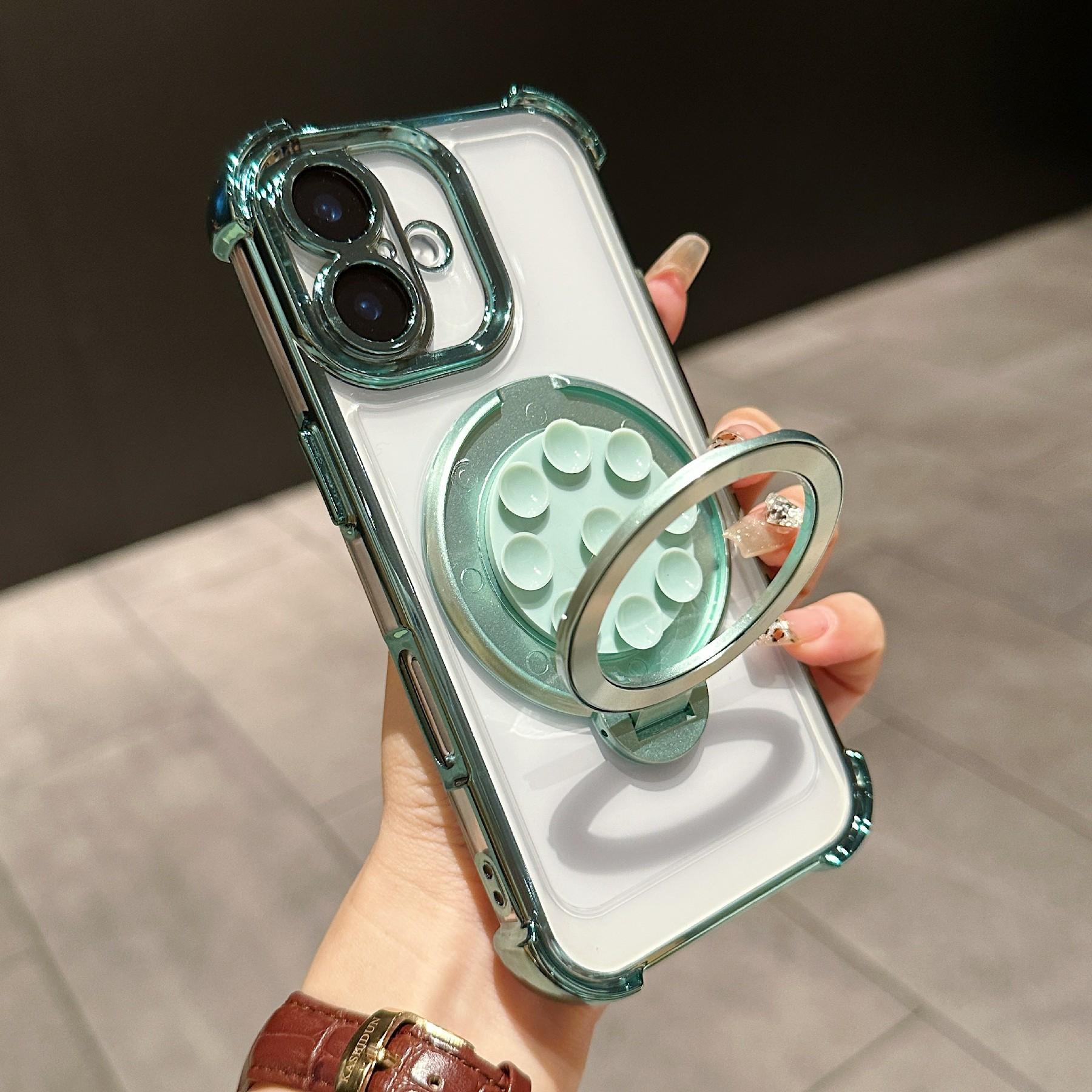 

For iPhone 16 Magnetic Case Suction Cup Kickstand PC Phone Cover with Four Corner Airbag Cyan