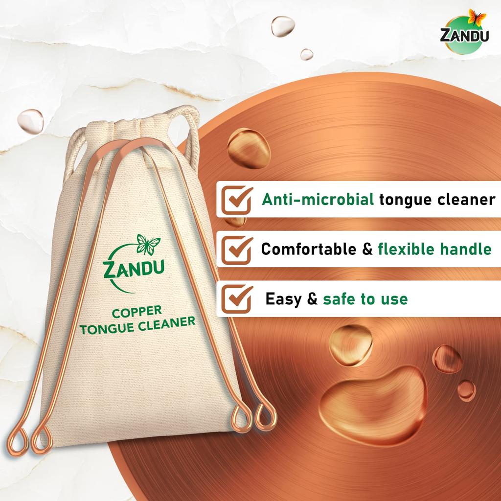 Zandu Pure Copper Tongue Cleaner 2 X Pack Of 1 Anti Microbial Tongue Scraper For Fresh Breath Oral Hygiene Flexible Handle