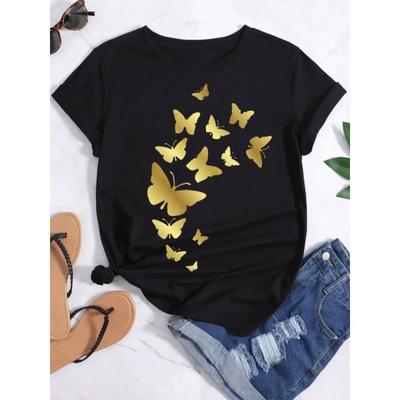 Goldener Schmetterlingsdruck Damen T-Shirt Kurzarm O-Ausschnitt Locker Damen T-Shirt Damen T-Shirt Tops Camisetas Mujer
