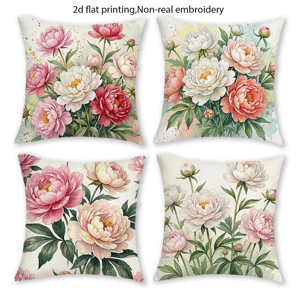 1/4 Stück Aquarell Pfingstrose Floral Kissenbezüge 2D Flachbedruckt Dekorative Kissenhüllen für Zuhause Sofa Schlafzimmer Kissenbezug