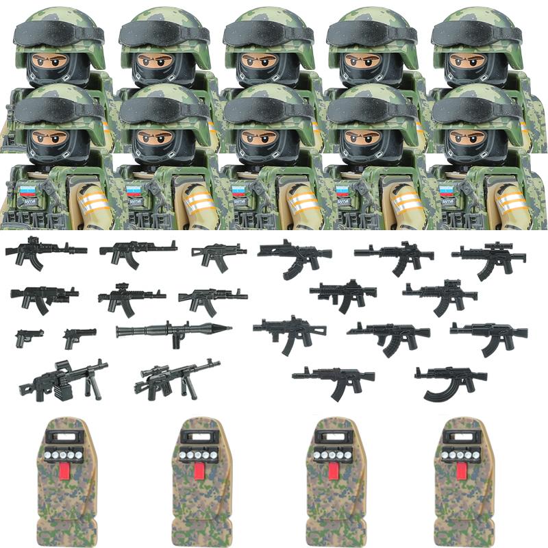 Non-Toxic City Police Russia Commando Fsb Special Forces Figures Building Blocks Green Camouflage Shield Army Soldier Military Weapon Toys