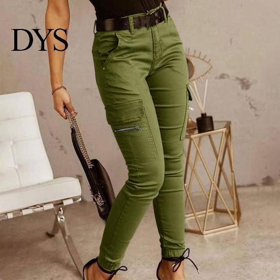 Casual Women Pants Cargo Pure Color Mid-rise Button Zipper Closure Trousers Multi Pockets Design Elastic Cuffs Long Comfortable