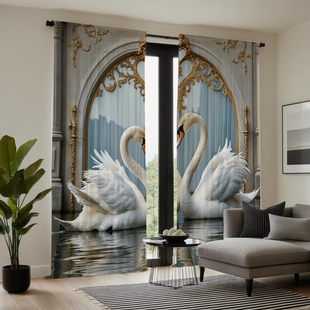 2 pieces HD digital gray light luxury European warm swan curtain home decoration style decoration living room bedroom rod curtai