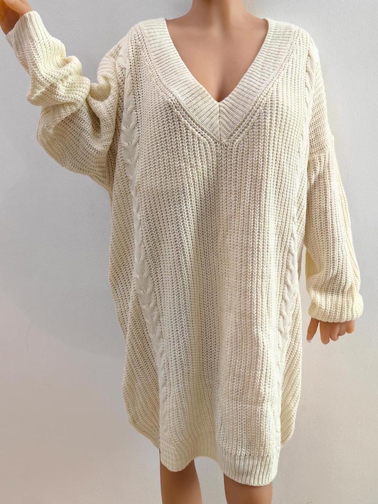 Europeisk og amerikansk dame plussstørrelse dyp V-hals ensfarget strikket ullkjole