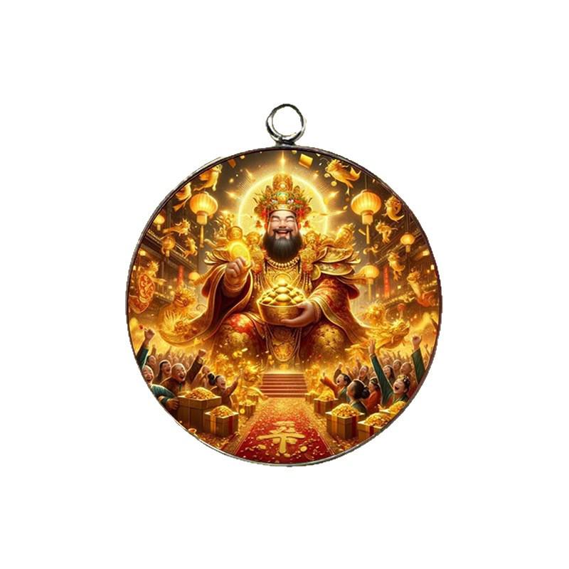 Single-Sided 30mm Round "God of Wealth" Gem Keychain Pendant
