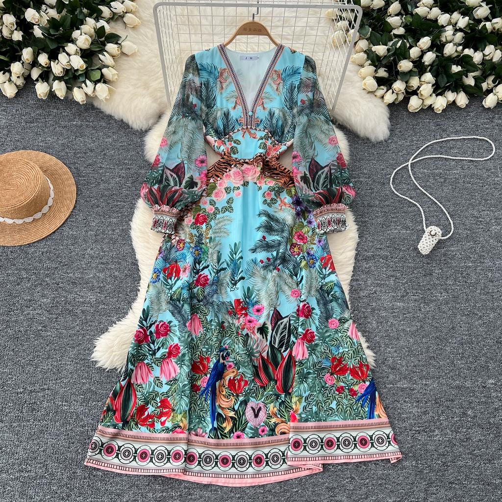Spring Autumn Women Print Chiffon V-neck Puff Sleeve Long Maxi Holiday Beach Dresses