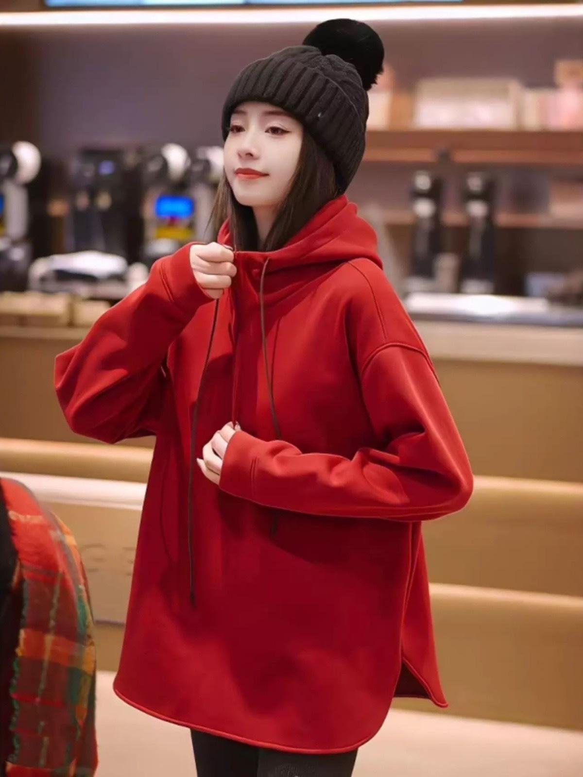 

Женская толстовка с капюшоном на флисовой подкладке - Мода весна-осень 2025, повседневный топ средней длины свободного кроя Medium красный