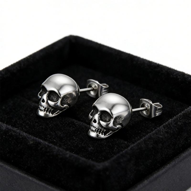 Skull Studs Pair, Vintage Gothic Alloy Design with Stud Back Closure for Halloween Parties and Edgy Outfit Styling